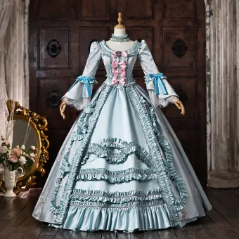 Vintage Originale Médiévale Bleu Ciel Perle Noeud Faux Diamant Robe De Bal 2026 Robe Boule Encolure Dégagée Manches De Cloche Longue Robe De Ceremonie