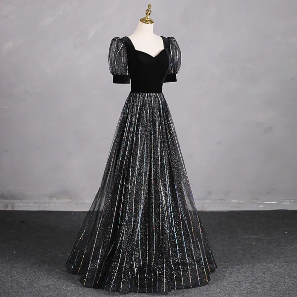 Bling Bling Noire Faux Diamant Paillettes Robe De Bal 2024 Princesse Encolure Carrée Manches Courtes Dos Nu Longue Promo Robe De Ceremonie