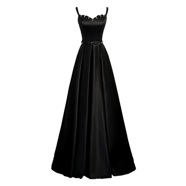 Charming Black Pearl Evening Dresses 2023 A-Line / Princess Spaghetti Straps Sleeveless Backless Floor-Length / Long Satin Evening Party Formal Dresses