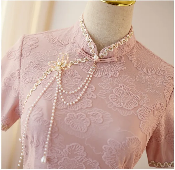 Chinese style Blushing Pink Pearl Printing Split Front Evening Party Cheongsam 2025 Trumpet / Mermaid High Neck Short Sleeve Floor-Length / Long