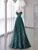 Sparkly Sexy Dark Green Beading Sequins Evening Dresses 2024 A-Line / Princess Strapless Sleeveless Backless Floor-Length / Long Evening Party Formal Dresses