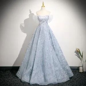 Charming Sky Blue Glitter Beading Prom Dresses 2025 Ball Gown Off The Shoulder Short Sleeve Backless Floor Length Long Formal Dresses