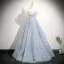 Charming Sky Blue Glitter Beading Prom Dresses 2025 Ball Gown Off-The-Shoulder Short Sleeve Backless Floor-Length / Long Formal Dresses