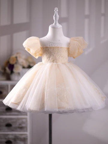 Chic Beautiful Champagne Lace Flower Birthday Flower Girl Dresses 2024 Ball Gown Scoop Neck Puffy Short Sleeve Floor Length Long