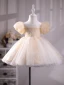 Chic / Beautiful Champagne Lace Flower Birthday Flower Girl Dresses 2024 Ball Gown Scoop Neck Puffy Short Sleeve Floor-Length / Long