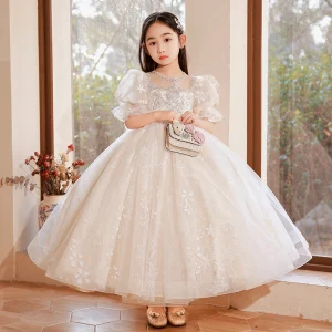 Charming Champagne Beading Sequins Birthday Flower Girl Dresses 2022 Ball Gown Scoop Neck Short Sleeve Backless Bow Floor Length Long Flower Girl Dresses