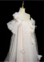 Charmant Blanche Appliques Robe De Bal 2025 Princesse Bretelles Spaghetti Manches Courtes Dos Nu Longue Robe De Ceremonie
