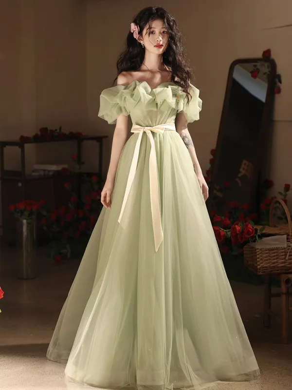 Chic / Beautiful Sage Green Bow Sash Prom Dresses 2024 A-Line / Princess Ruffle Off-The-Shoulder Short Sleeve Backless Floor-Length / Long Prom Formal Dresses