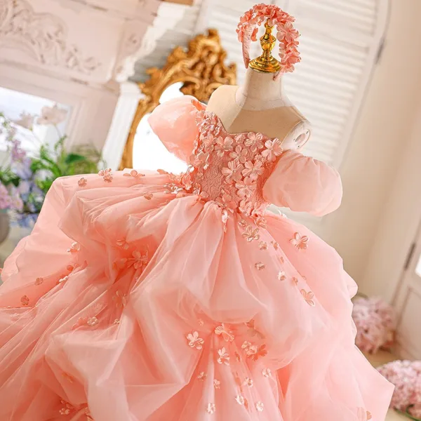 Chic / Belle Rougissant Rose Volants en Cascade Perle Appliques Anniversaire Robe Ceremonie Fille 2025 Robe Boule Encolure Dégagée Manches Courtes Dos Nu Tribunal Train Tulle