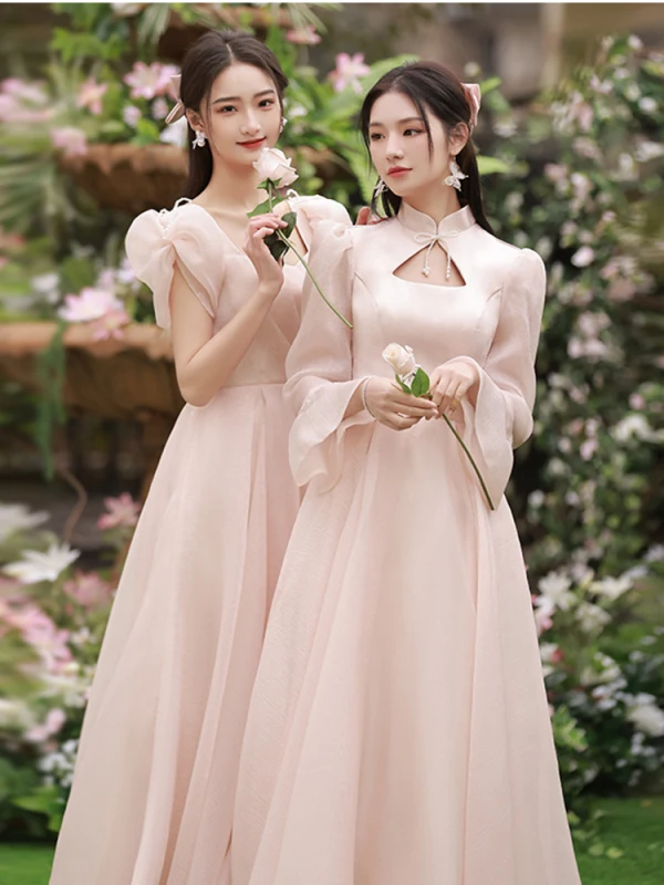 Modest / Simple Blushing Pink Bridesmaid Dresses 2022 A-Line / Princess Backless Bow Floor-Length / Long Bridesmaid Wedding Party Dresses
