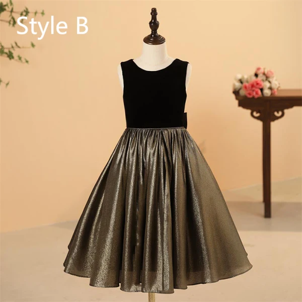 Chic / Beautiful Black Gold Birthday Flower Girl Dresses 2024 Ball Gown Scoop Neck Sleeveless Bow Floor-Length / Long