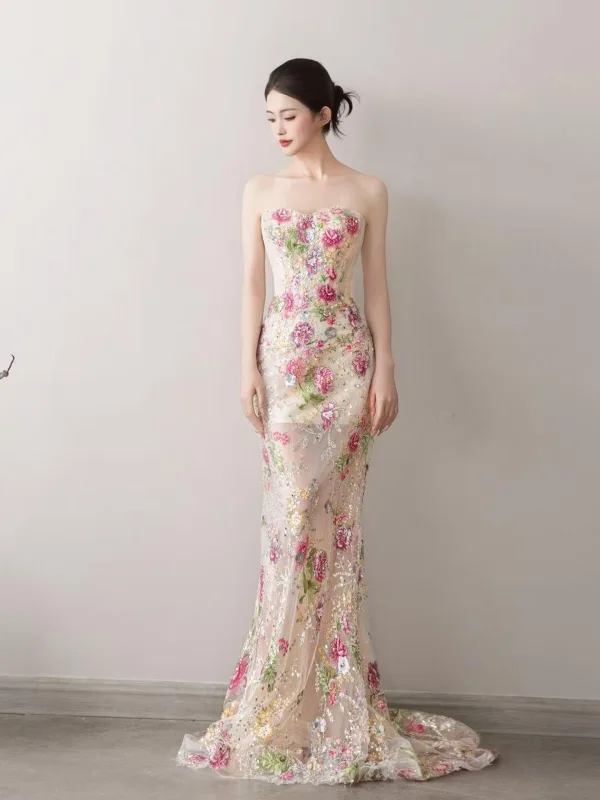 High-end Sexy Multi-Farger Beading Paljetter Blonder Blomst Selskapskjoler 2025 Trompet / Havfrue Kjæreste Uten Ermer Ryggløse Feie Tog Aften
