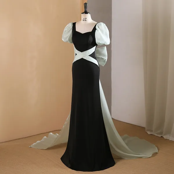 Chic / Belle Noire Robe De Bal 2024 Trompette / Sirène Encolure Carrée Gonflée Manches Courtes Dos Nu Noeud Longue Promo Robe De Ceremonie