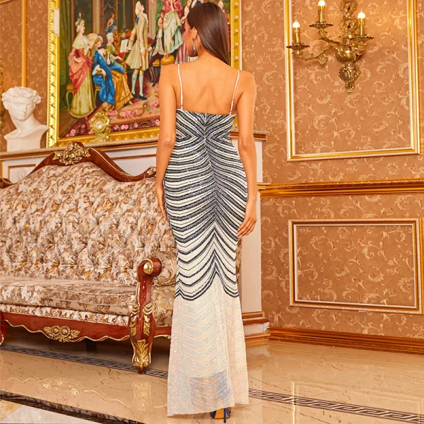 Charmant Champagne Paillettes Robe De Soirée 2022 Trompette / Sirène Bretelles Spaghetti Sans Manches Dos Nu Longue Soirée Robe De Ceremonie