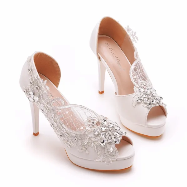 Charming White Rhinestone Lace Flower Wedding Shoes 2023 11 cm Stiletto Heels Open / Peep Toe Wedding Sandals High Heels