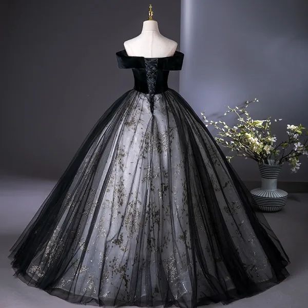 Vintage / Retro Black Beading Sequins Lace Flower Prom Dresses 2025 Ball Gown Off-The-Shoulder Short Sleeve Backless Floor-Length / Long Prom Formal Dresses