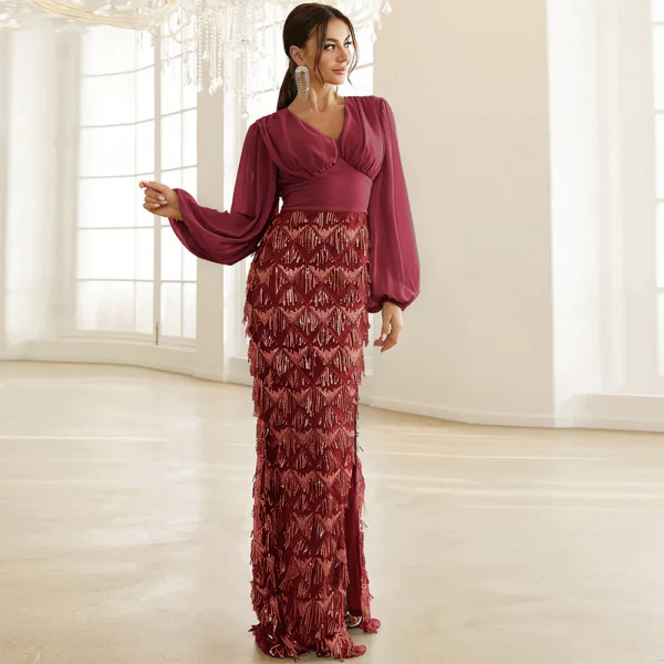 Chic / Belle Gris Perlage Paillettes Gland Vacances Robe De Soirée 2022 Trompette / Sirène V-Cou Manches Longues Fendue devant Longue Robe De Ceremonie