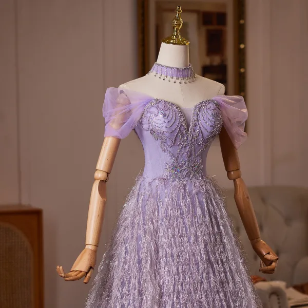 Zauberhaft Lavendel Perlenstickerei Strass Pailletten Quaste Ballkleider 2026 Ballkleid Off Shoulder Kurze Ärmel Rückenfreies Lange Festliche Kleider