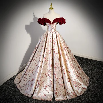 Fashion Burgundy Floral Prom Dresses 2023 Ball Gown Ruffle Off The Shoulder Short Sleeve Backless Floor Length Long Prom Formal Dresses