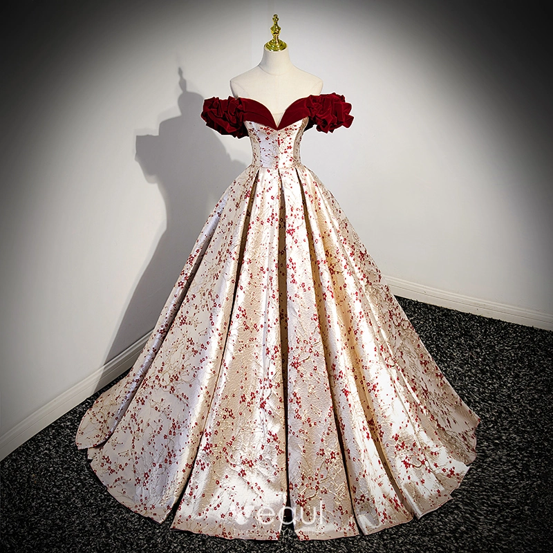 Fashion Burgundy Floral Prom Dresses 2023 Ball Gown Ruffle Off-The-Shoulder  Short Sleeve Backless Floor-Length / Long Prom Formal Dresses