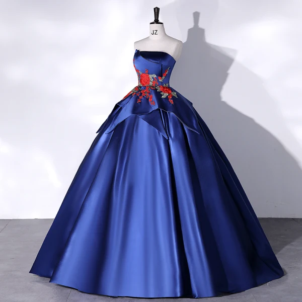 Vintage / Retro Navy Blue Satin Prom Dresses 2022 Ball Gown Strapless Lace Flower Sleeveless Backless Floor-Length / Long Prom Formal Dresses