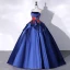 Vintage / Retro Navy Blue Satin Prom Dresses 2022 Ball Gown Strapless Lace Flower Sleeveless Backless Floor-Length / Long Prom Formal Dresses