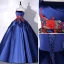 Vintage / Retro Navy Blue Satin Prom Dresses 2022 Ball Gown Strapless Lace Flower Sleeveless Backless Floor-Length / Long Prom Formal Dresses