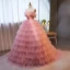 Charmant Charmant Rougissant Rose Volants en Cascade Robe De Bal 2023 Robe Boule Bustier Perle Appliques Sans Manches Dos Nu Train De Balayage Promo Robe De Ceremonie