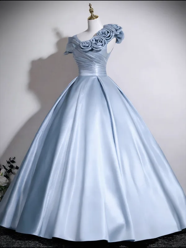 Elegant Sky Blue Appliques Satin Prom Dresses 2026 Ball Gown Scoop Neck Short Sleeve Backless Floor-Length / Long Formal Dresses