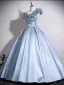 Elegant Sky Blue Appliques Satin Prom Dresses 2026 Ball Gown Scoop Neck Short Sleeve Backless Floor-Length / Long Formal Dresses