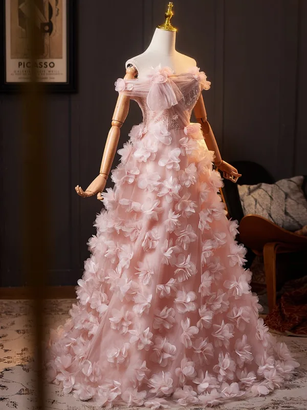 Luxury / Gorgeous Blushing Pink Beading Appliques Prom Dresses 2025 A-Line / Princess Off-The-Shoulder Sleeveless Backless Floor-Length / Long Prom Formal Dresses
