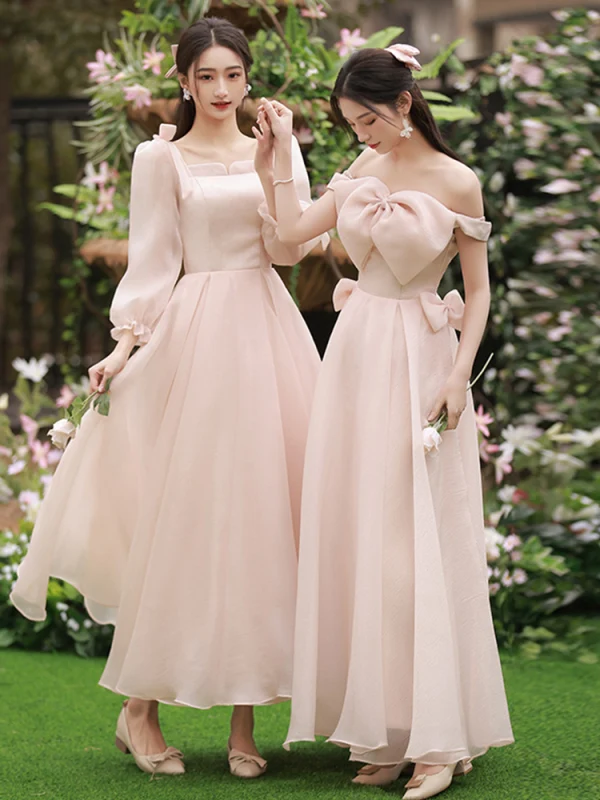Modest / Simple Blushing Pink Bridesmaid Dresses 2022 A-Line / Princess Backless Bow Floor-Length / Long Bridesmaid Wedding Party Dresses