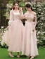 Modest / Simple Blushing Pink Bridesmaid Dresses 2022 A-Line / Princess Backless Bow Floor-Length / Long Bridesmaid Wedding Party Dresses