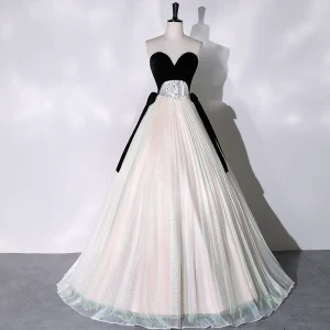 Élégant Noire Robe De Bal 2023 Princesse Bustier Sans Manches Dos Nu Noeud Ceinture Longue Promo Robe De Ceremonie