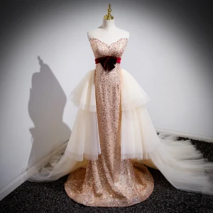 Sexy Champagne Sequins Bow Evening Dresses 2023 Ball Gown Strapless Sleeveless Backless Court Train Evening Party Formal Dresses