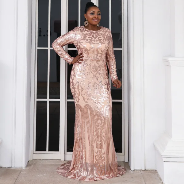 Sparkly Black Sequins Plus Size Evening Dresses 2022 Scoop Neck Long Sleeve Evening Party Sweep Train Formal Dresses