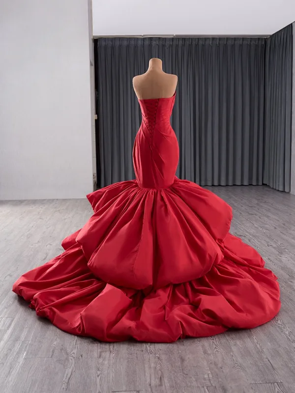 High End Rot Fallende Rüsche Ballkleider 2025 Meerjungfrau Bandeau Schleife Ärmellos Rückenfreies Sweep / Pinsel Zug Ball Festliche Kleider