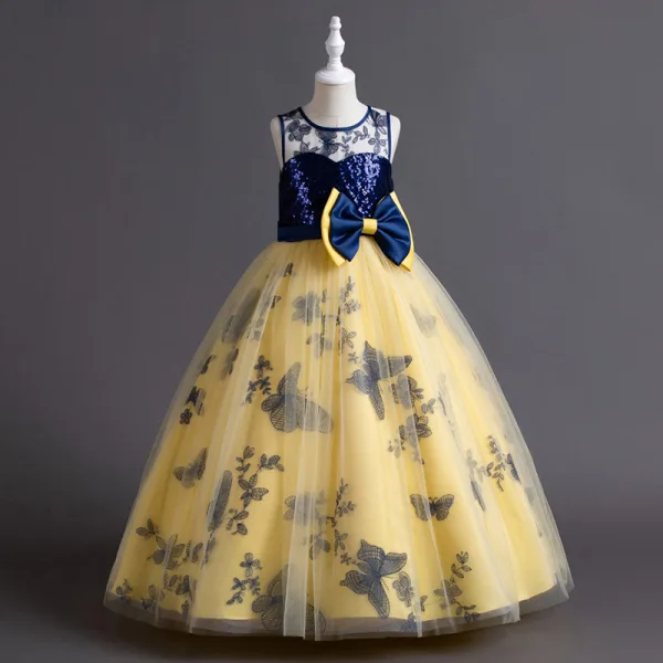 Chic / Beautiful Sky Blue Lace Flower Sequins Flower Girl Dresses 2024 Ball Gown Birthday Sleeveless Scoop Neck Bow Floor-Length / Long