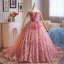 Flower Fairy Candy Pink Appliques Floral Prom Dresses 2025 Ball Gown Off-The-Shoulder Short Sleeve Backless Sweep Train Formal Dresses