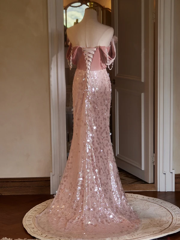 Charmant Rougissant Rose Perlage Perle Paillettes Appliques Robe De Soirée 2024 Trompette / Sirène De l'épaule Sans Manches Dos Nu Longue Soirée Robe De Ceremonie