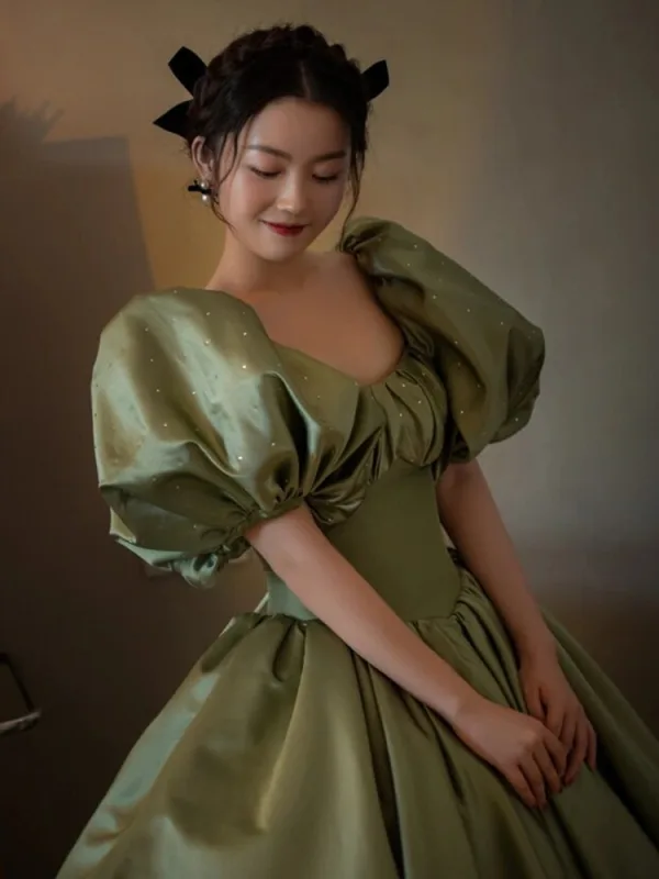 Elegant Sage Green Satin Prom Dresses 2025 Ball Gown Square Neckline Puffy Short Sleeve Backless Floor-Length / Long Prom Formal Dresses