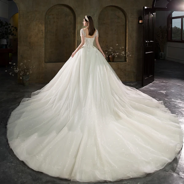 High-end Ivory Beading Pearl Rhinestone Sequins Wedding Dresses 2022 Ball Gown Scoop Neck Short Sleeve Backless Royal Train Wedding
