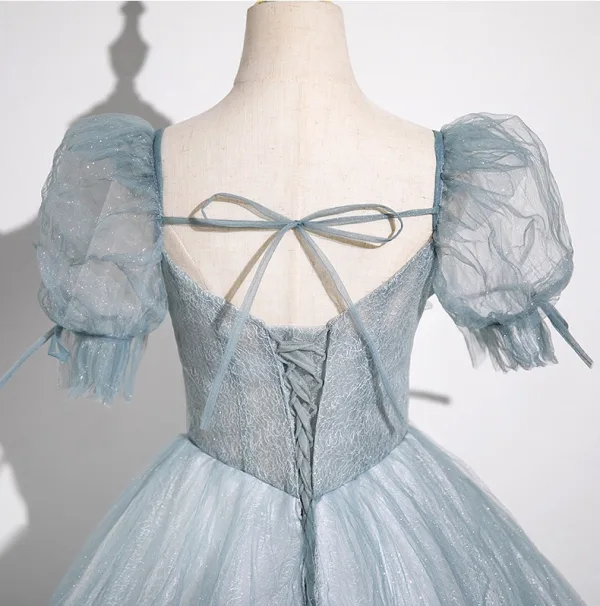 Elegant Sky Blue Beading Appliques Prom Dresses A-Line / Princess 2025 Square Neckline Short Sleeve Backless Floor-Length / Long Prom Formal Dresses