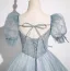 Elegant Sky Blue Beading Appliques Prom Dresses A-Line / Princess 2025 Square Neckline Short Sleeve Backless Floor-Length / Long Prom Formal Dresses