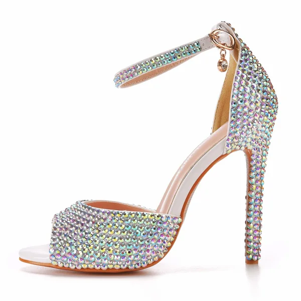 Charmant Weiß Multifarben Strass Brautschuhe 2022 11 cm Stilettos Peeptoes Hochzeit Sandaletten Hochhackige