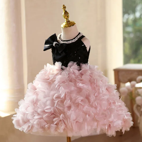 Lovely Blushing Pink Pearl Sequins Appliques Birthday Short Flower Girl Dresses 2025 Ball Gown Scoop Neck Bow Sleeveless Backless