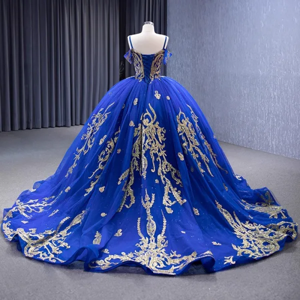 High-end Vintage / Retro Royal Blue Handmade  Beading Sequins Prom Dresses 2023 Ball Gown Spaghetti Straps Short Sleeve Backless Chapel Train Prom Formal Dresses