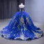 High-end Vintage / Retro Royal Blue Handmade  Beading Sequins Prom Dresses 2023 Ball Gown Spaghetti Straps Short Sleeve Backless Chapel Train Prom Formal Dresses