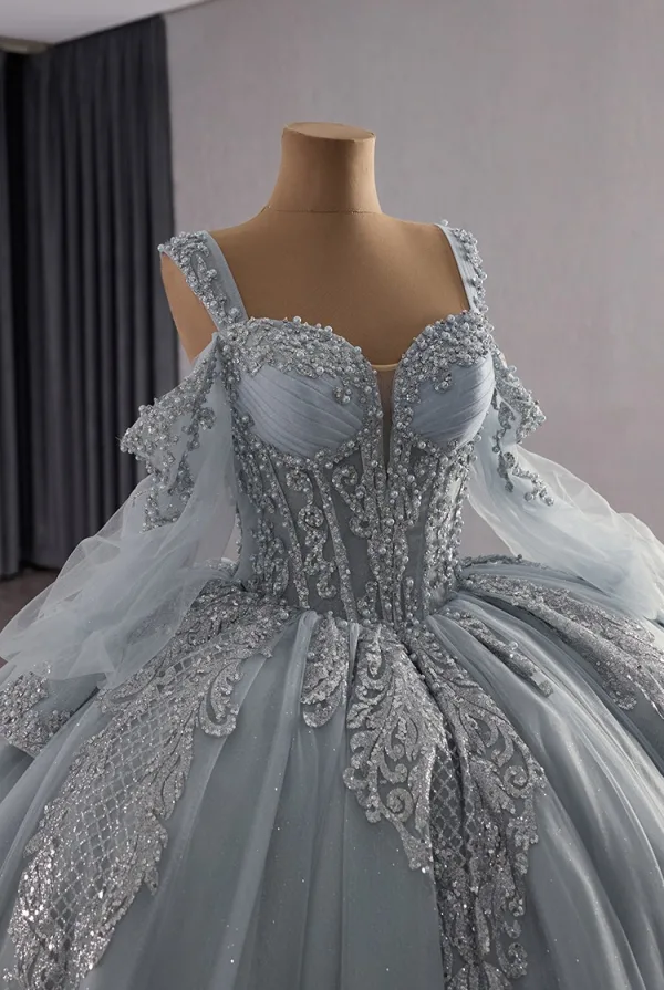 High-end Grey Beading Pearl Sequins Quinceañera Prom Dresses 2025 Ball Gown Square Neckline Short Sleeve Backless Court Train Formal Dresses