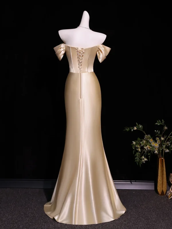 Sexy Champagne Trumpet / Mermaid Evening Dresses 2026 Off-The-Shoulder Sleeveless Backless Floor-Length / Long Formal Dresses